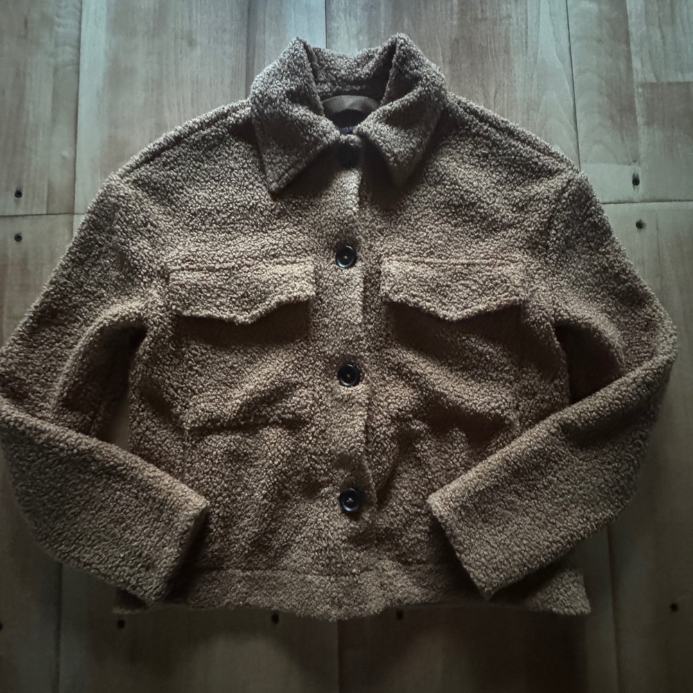 Banana Republic Womens XS Camel Brown Sherpa Teddy Trucker Jacket Shacket Coat